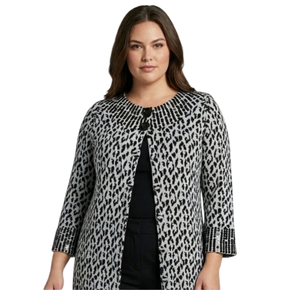 Storybook Knits 3/4 Sleeve Sequins Animal Leopard Print Cardigan